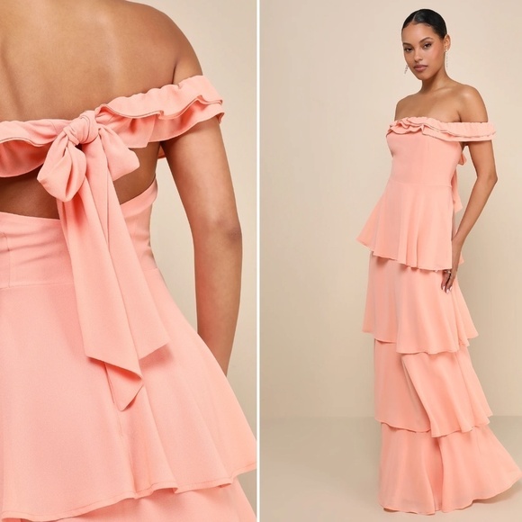 Lulu's Peach Off-Shoulder Tiered Maxi Dress - Picture 3 of 3